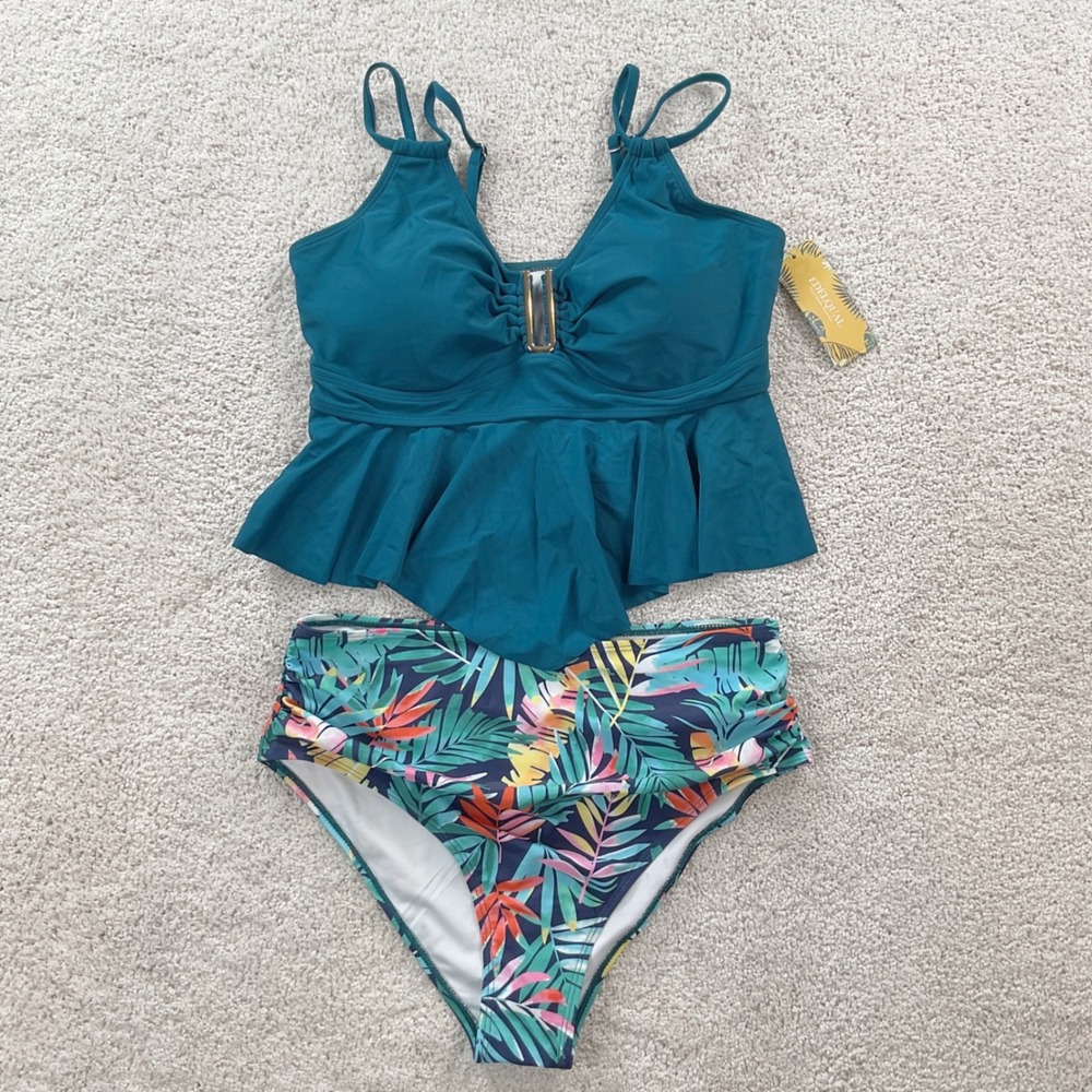 Edelqual Teal Blue Bikini Top Gold Hardware Ruched V-Neck Swimwear Large NWT